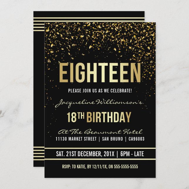 18th Birthday Party | Shimmering Gold Confetti Invitation (Front/Back)