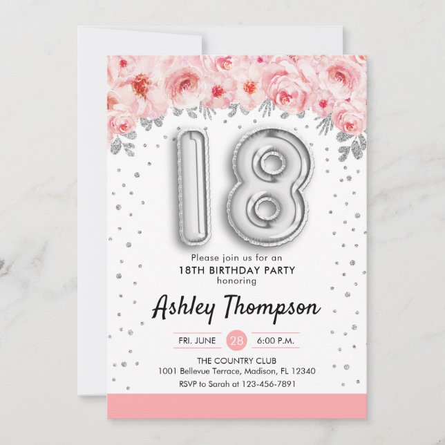 18th Birthday Party - Silver Balloons Invitation (Front)