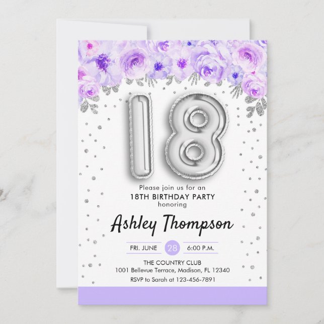 18th Birthday Party - Silver Balloons Purple Invitation (Front)
