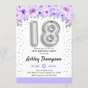 18th Birthday Party - Silver Balloons Purple Invitation