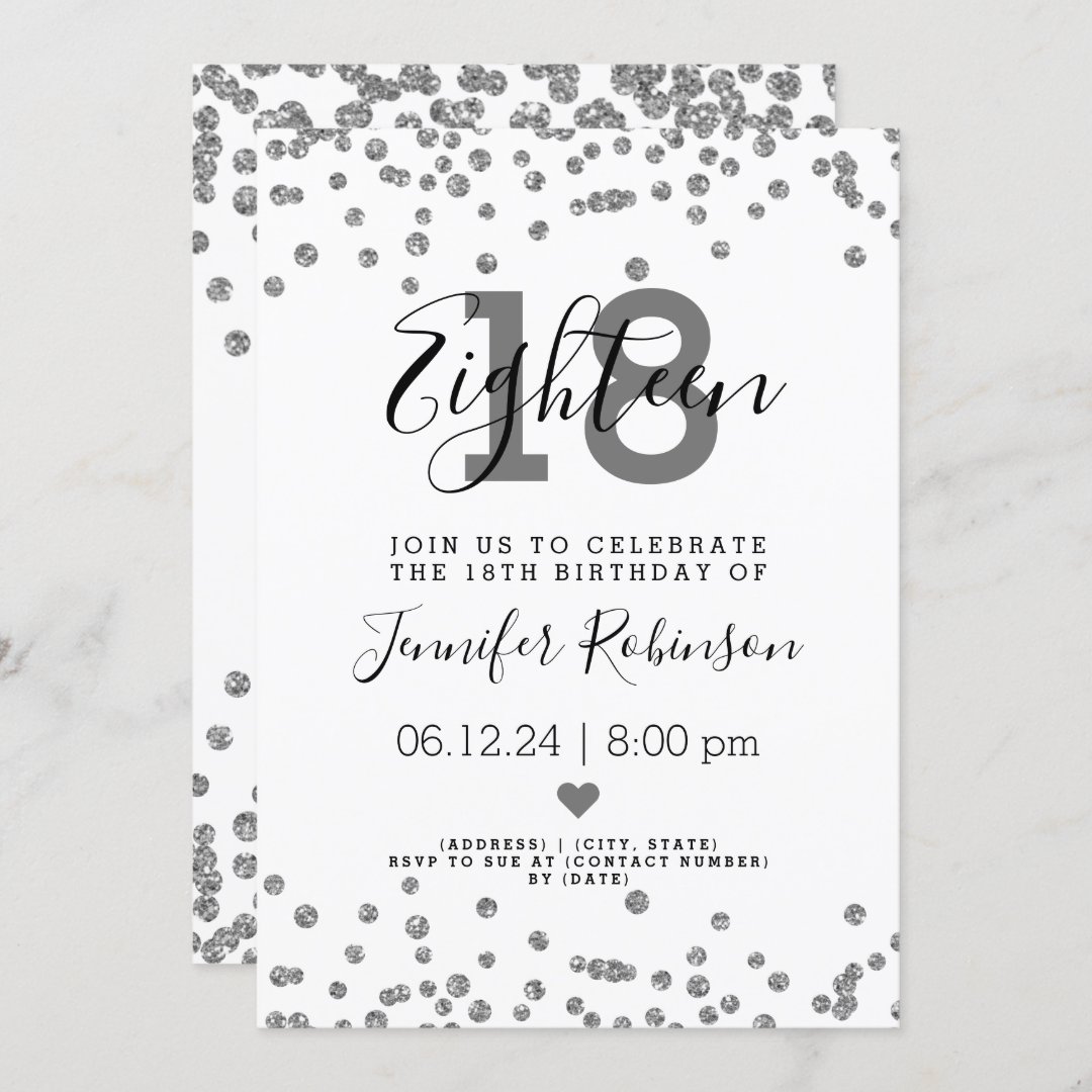 18th Birthday Party Silver Glam Glitter Confetti Invitation | Zazzle