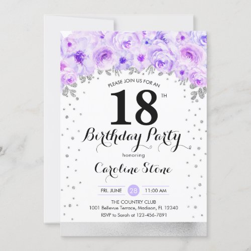 18th Birthday Party _ Silver Purple Flowers Invitation