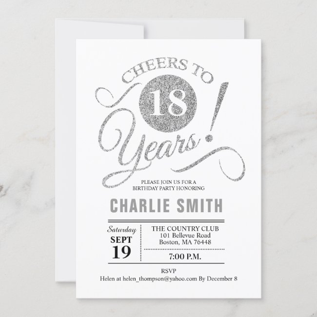 18th Birthday Party - Silver White Invitation
