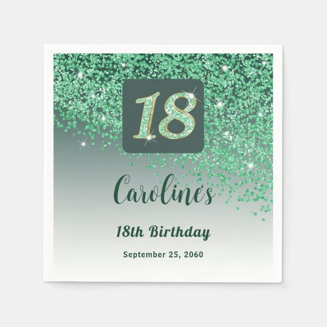 18th Birthday Party Sparkling Green Glitter Napkins (Front)