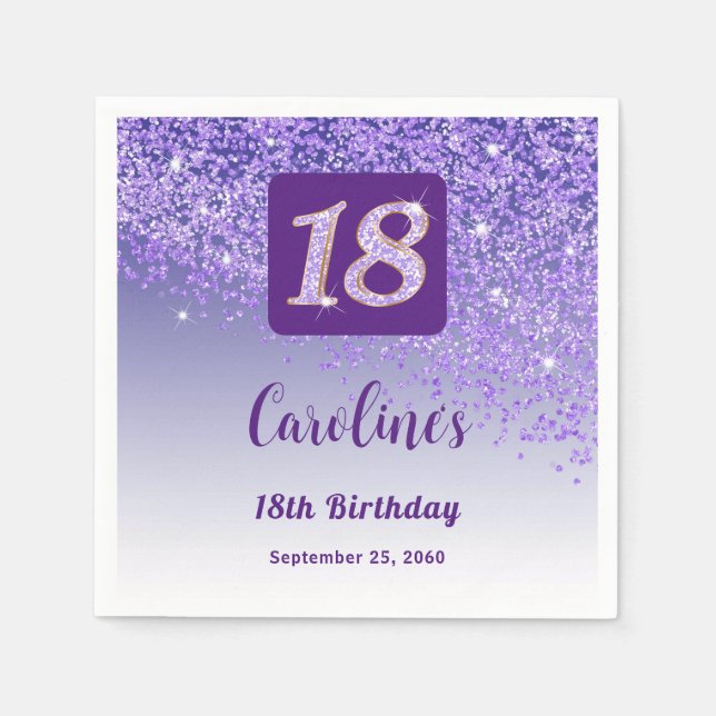 18th Birthday Party Sparkling Purple Glitter Napkins (Front)