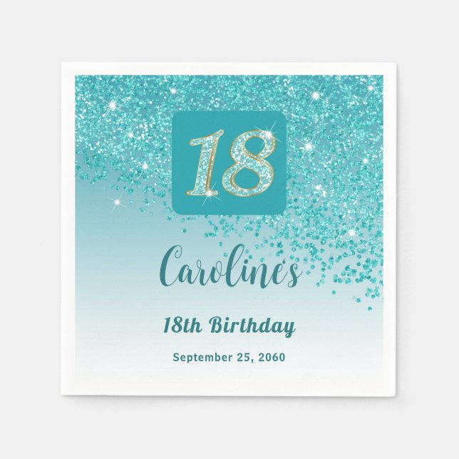18th Birthday Party Sparkling Teal Blue Glitter Napkins (Front)