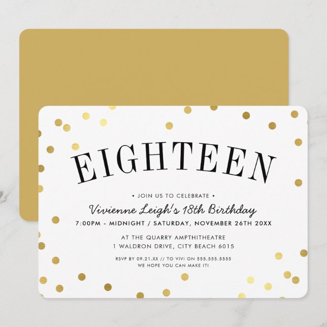 18TH BIRTHDAY PARTY stylish gold confetti spots Invitation (Front/Back)