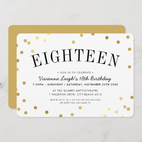 18TH BIRTHDAY PARTY stylish gold confetti spots Invitation