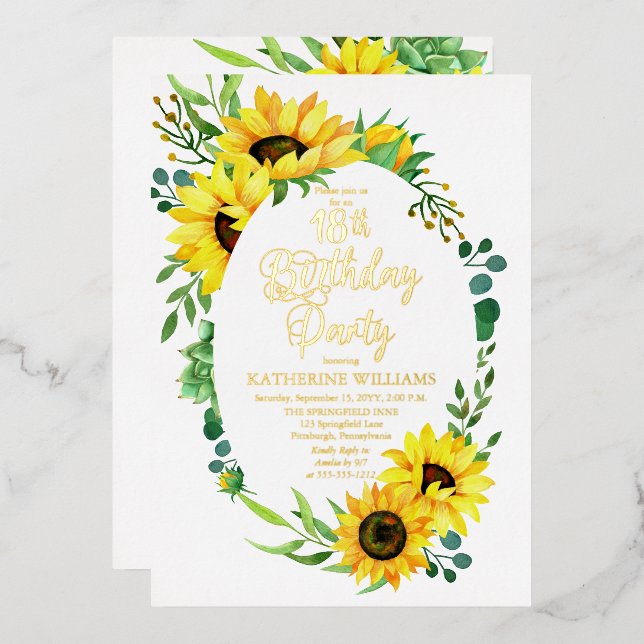 18th Birthday Party Sunflower | Eucalyptus Floral Foil Invitation (Front/Back)
