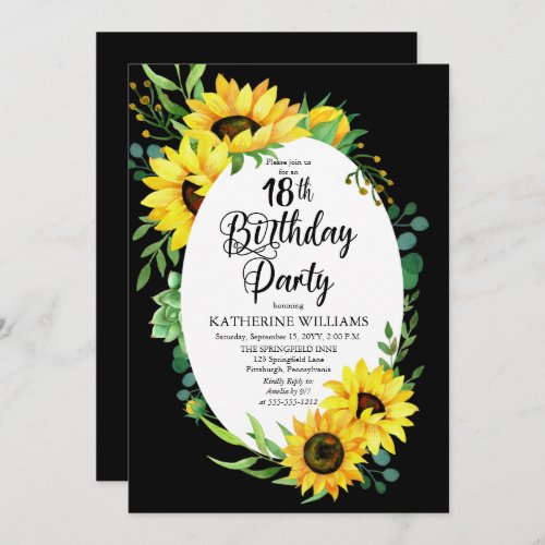 18th Birthday Party Sunflower  Eucalyptus Floral  Invitation