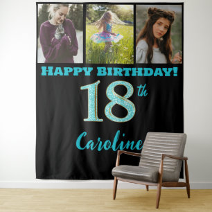 18th Birthday Party, Teal Blue Glitter & 3 photos Tapestry
