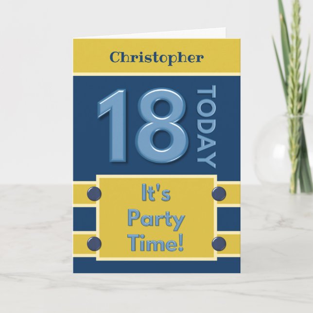 18th Birthday Party Time navy and gold Card (Front)