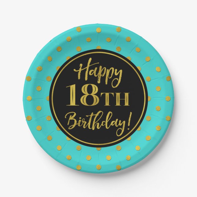 18th Birthday Party Turquoise Black Gold Dots Paper Plates (Front)