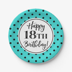 18th Birthday Party Turquoise White Black Dots Paper Plates
