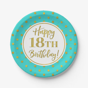 18th Birthday Party Turquoise White Gold Dots Paper Plates