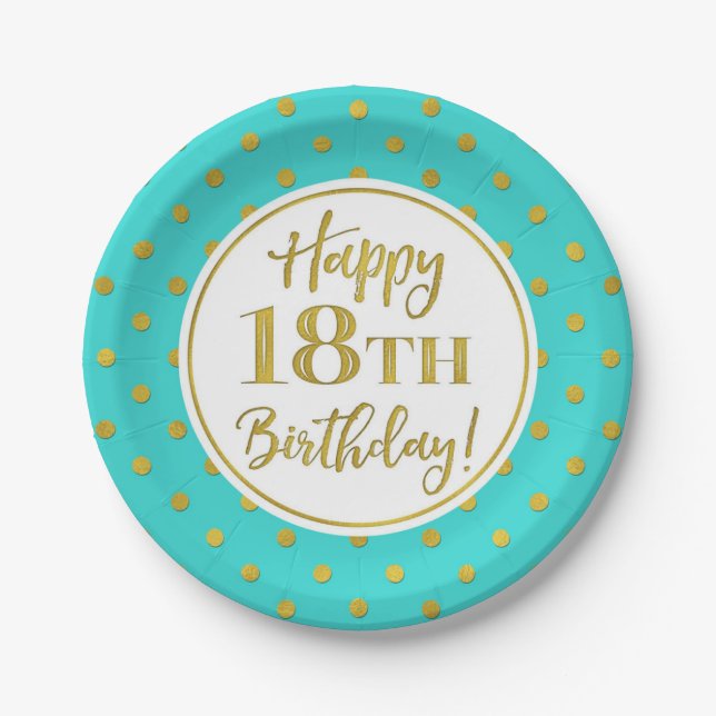 18th Birthday Party Turquoise White Gold Dots Paper Plates (Front)