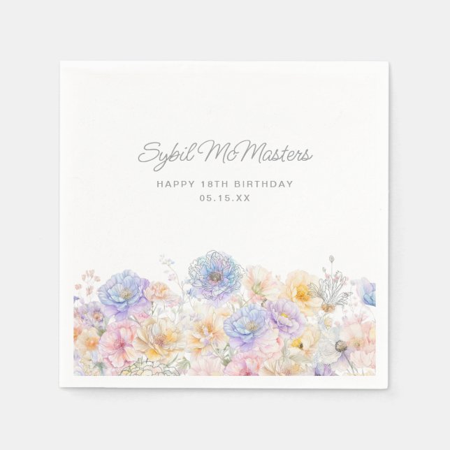 18th Birthday Party Watercolor Floral Custom Napkins (Front)