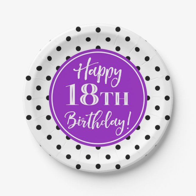 18th Birthday Party White Purple Black Dots Paper Plates (Front)