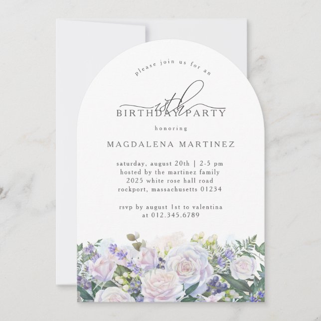 18th Birthday Party White Rose Blue Floral Invitation (Front)