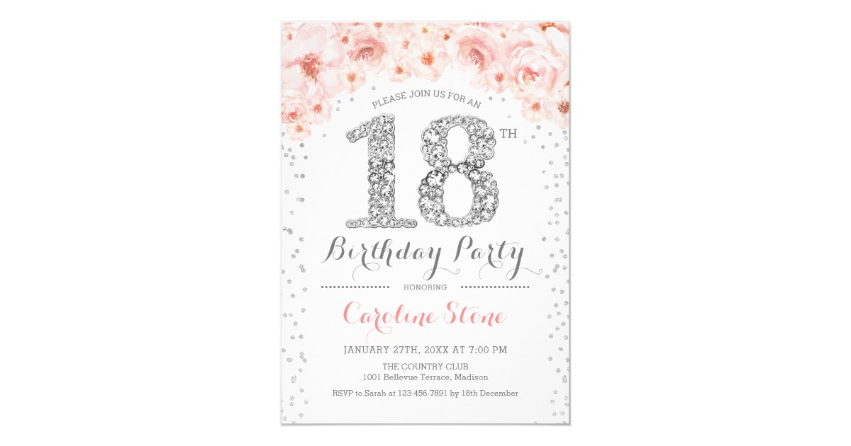18th Birthday Party - White Silver Pink Invitation | Zazzle.com