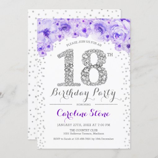 18th Birthday Party - White Silver Purple Invitation | Zazzle