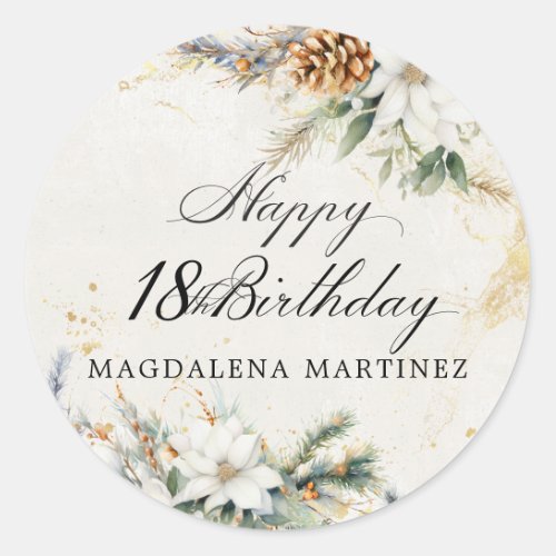 18th Birthday Party White Winter Floral Custom Classic Round Sticker