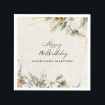 18th Birthday Party White Winter Floral Custom Napkins<br><div class="desc">Elegant winter white flowers are nestled in pine greenery and pinecones. The soft ivory white watercolor wash background is accented with gold flecks to create a sophisticated and chic aesthetic.</div>
