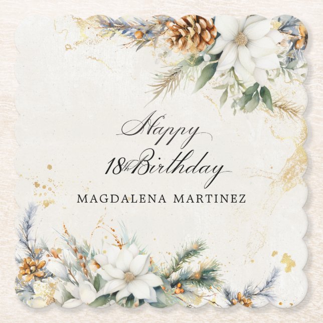 18th Birthday Party White Winter Floral Custom Paper Coaster (Front)