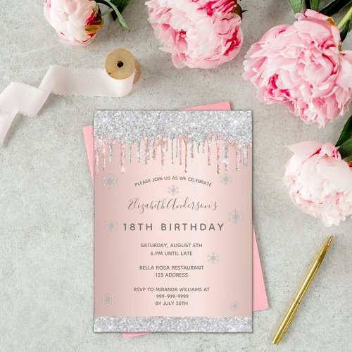 18th birthday party winter silver glitter pink invitation