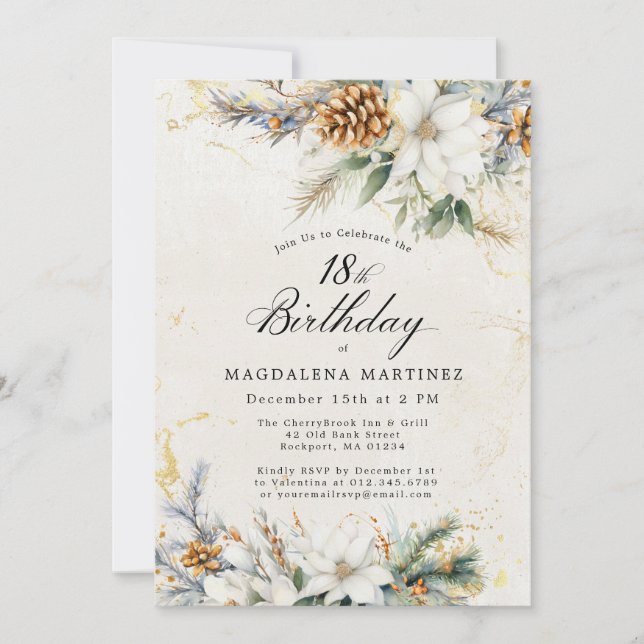 18th Birthday Party Winter White Floral Greenery Invitation (Front)