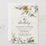 18th Birthday Party Winter White Floral Greenery Invitation<br><div class="desc">Elegant white flowers are nestled in winter pine greenery and pinecones. The floral design is framed by a soft ivory watercolor wash infused with soft gold flecks. Perfect for a Christmas or winter birthday party.</div>