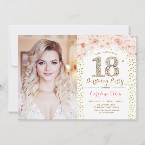 18th Birthday Party With Photo - Gold Pink Floral 