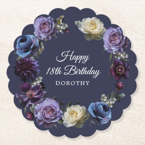 18th Birthday Personalized Moody Purple Flower  Paper Coaster