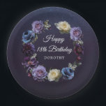 18th Birthday Personalized Moody Purple Flower Paper Plates<br><div class="desc">Moody and mysterious purple roses and peonies set the tone for this elegant 18th birthday party paper plate. White and blue flowers add a pop of color to the dark watercolor wreath. Happy 18th Birthday and the birthday celebrant's name is in the center. The bright white script gives it an...</div>