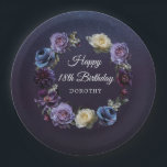 18th Birthday Personalized Moody Purple Flower Paper Plates<br><div class="desc">Moody and mysterious purple roses and peonies set the tone for this elegant 18th birthday party paper plate. White and blue flowers add a pop of color to the dark watercolor wreath. Happy 18th Birthday and the birthday celebrant's name is in the center. The bright white script gives it an...</div>