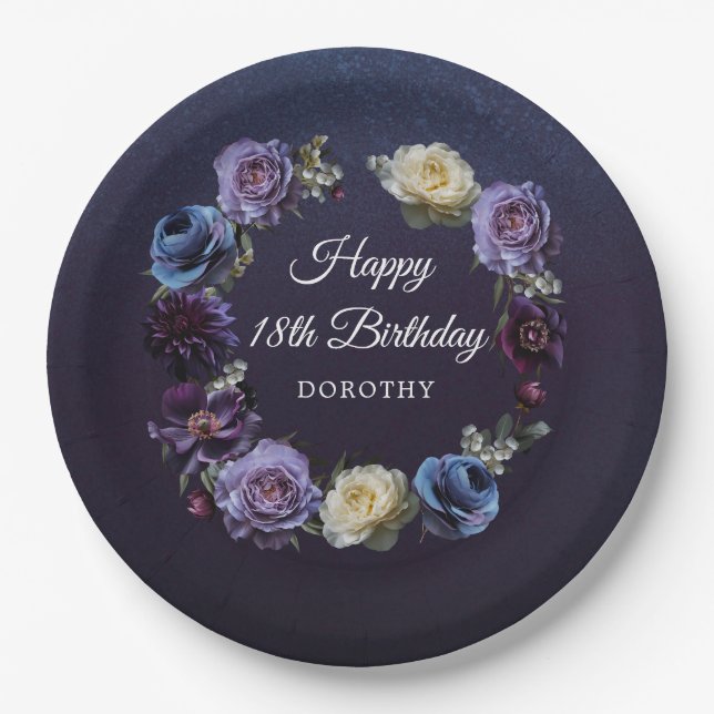 18th Birthday Personalized Moody Purple Flower Paper Plates (Front)