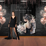 18th Birthday Photo Booth Backdrop Tapestry<br><div class="desc">This elegant photo booth backdrop is designed to commemorate the special milestone of an 18-year-old female celebrant. Combining contemporary style with timeless sophistication, it serves as the perfect centerpiece for this important occasion. The design features a watercolor texture depicting a lady in a black gown, holding a bouquet of flowers...</div>