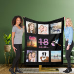 18th birthday photo collage girl black fleece blanket<br><div class="desc">A gift for a girl's 18th birthday,  celebrating her life with a collage of 8 of your photos.  Templates for a name,  age 18 and a date.  Date of birth or the date of the anniversary.  Pink and purple colored letters.  Black colored background.</div>