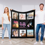 18th birthday photo collage girl black fleece blanket<br><div class="desc">A gift for a girl's 18th birthday,  celebrating her life with a collage of 8 of your photos.  Templates for a name,  age 18 and a date.  Date of birth or the date of the anniversary.  Pink and purple colored letters.  Black colored background.</div>
