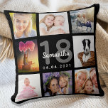 18th birthday photo collage girl black throw pillow<br><div class="desc">A unique gift for a girl's 18th birthday, celebrating her life with a collage of 8 of your own photos, pictures. Personalize and add her name, age 18 and a date. A chic black background. Gray and white letters and numbers. The name is written with a modern hand lettered style...</div>