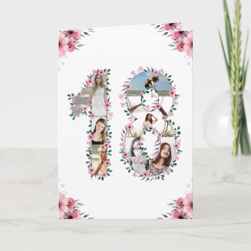 18th Birthday Photo Collage Girl Pink Flower White Card
