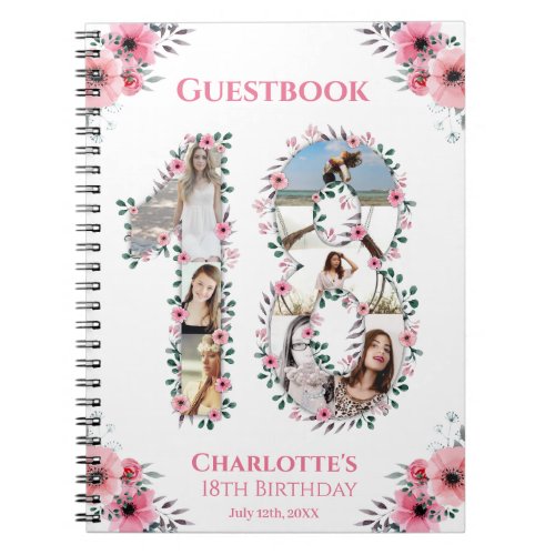 18th Birthday Photo Collage Pink Flower Guest Book