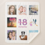 18th birthday photo collage white name girl sherpa blanket<br><div class="desc">A gift for a girl's 18th birthday,  celebrating her life with a collage of 8 of your photos.  Templates for a name,  age 18 and a date.  Date of birth or the date of the anniversary.  Pink and purple colored letters.  Elegant white background.</div>
