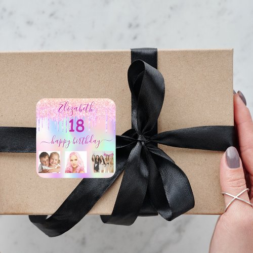 18th birthday photo glitter rainbow holographic square sticker