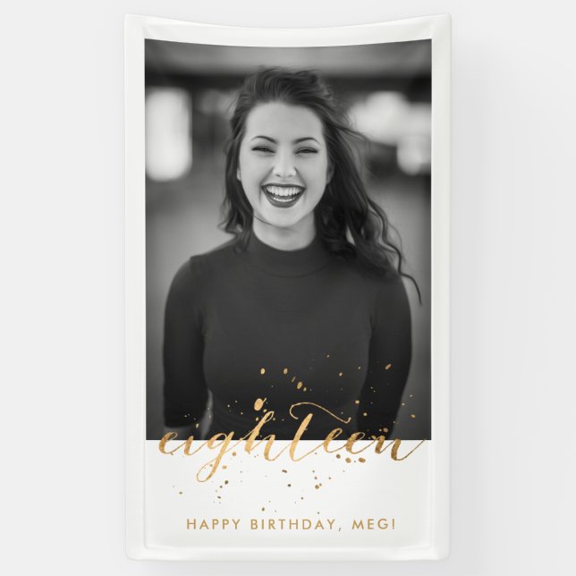 18th Birthday Photo Gold Confetti Banner (Vertical)