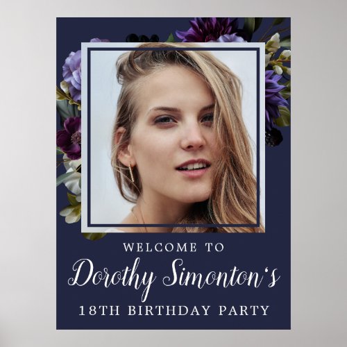 18th Birthday Photo Moody Purple Floral Welcome Poster