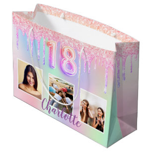 18th birthday photo pink purple holographic large gift bag