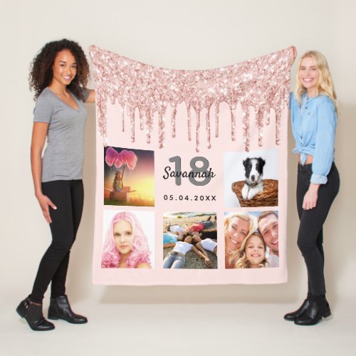 18th birthday photo rose gold glitter blush pink fleece blanket