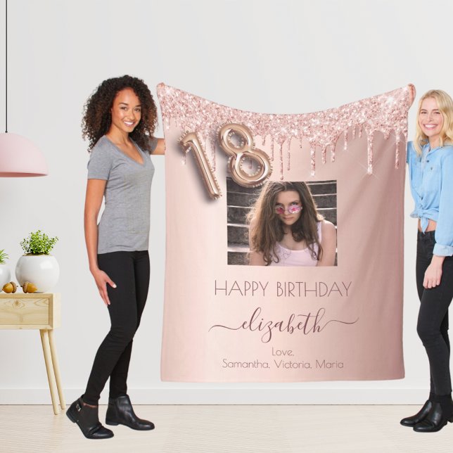 18th birthday photo rose gold glitter pink friends fleece blanket (Creator Uploaded)