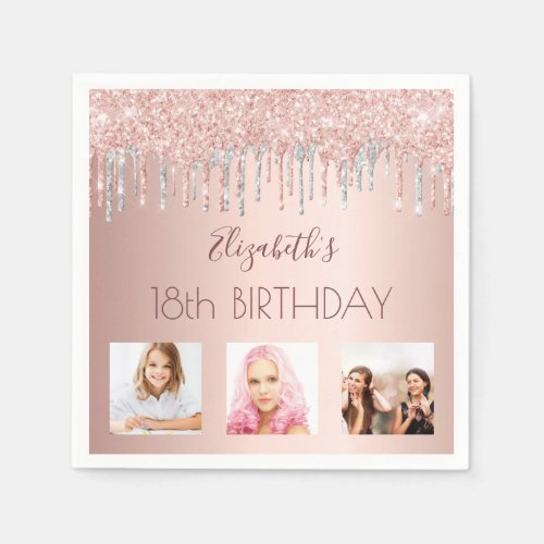 18th birthday photo rose gold glitter pink silver napkins